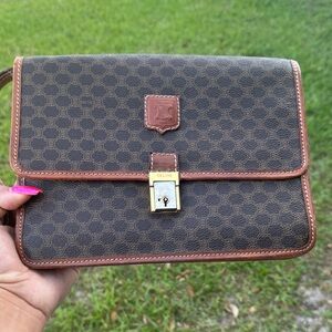 Celine Brown Macadam Canvas clutch with Tan Trim M05